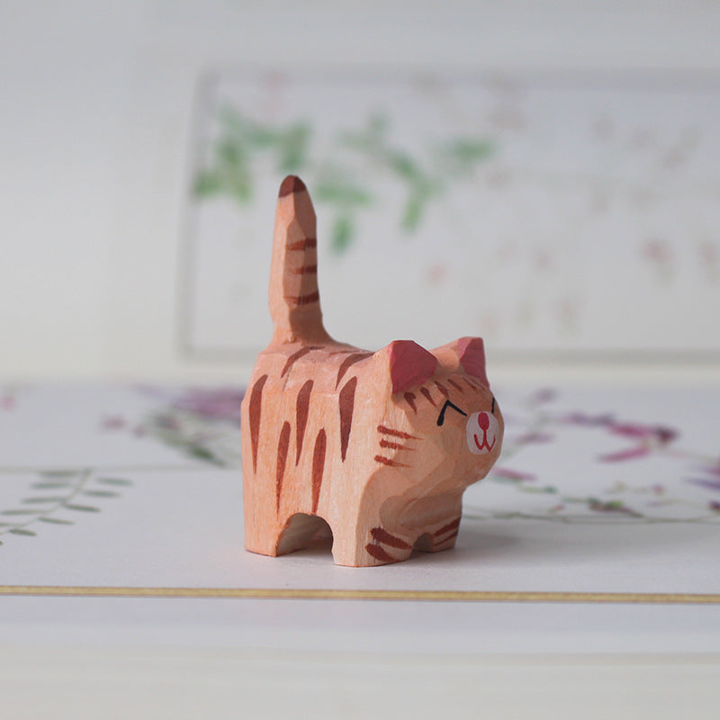 Hand-Carved Wooden Tiger Cat Figurines – Playful & Colorful Wooden Decor
