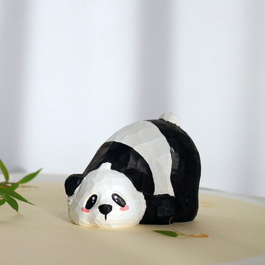 Hand-Carved Wooden Panda Figurine – Playful and Cute Home Decoration