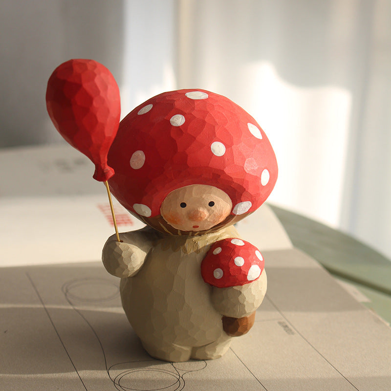 Hand-Carved Mushroom Elf Figurine – Whimsical Wooden Decor with Red Cap & Balloon