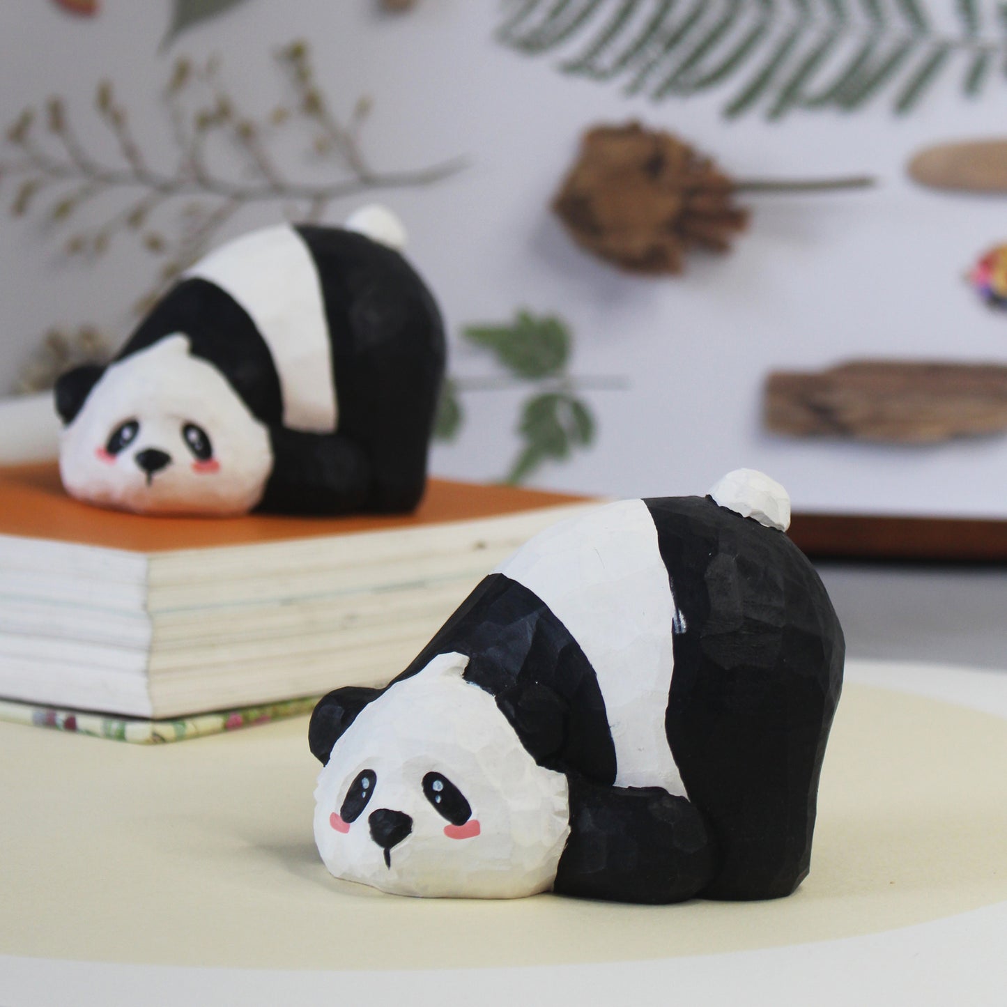 Hand-Carved Wooden Panda Figurine – Playful and Cute Home Decoration