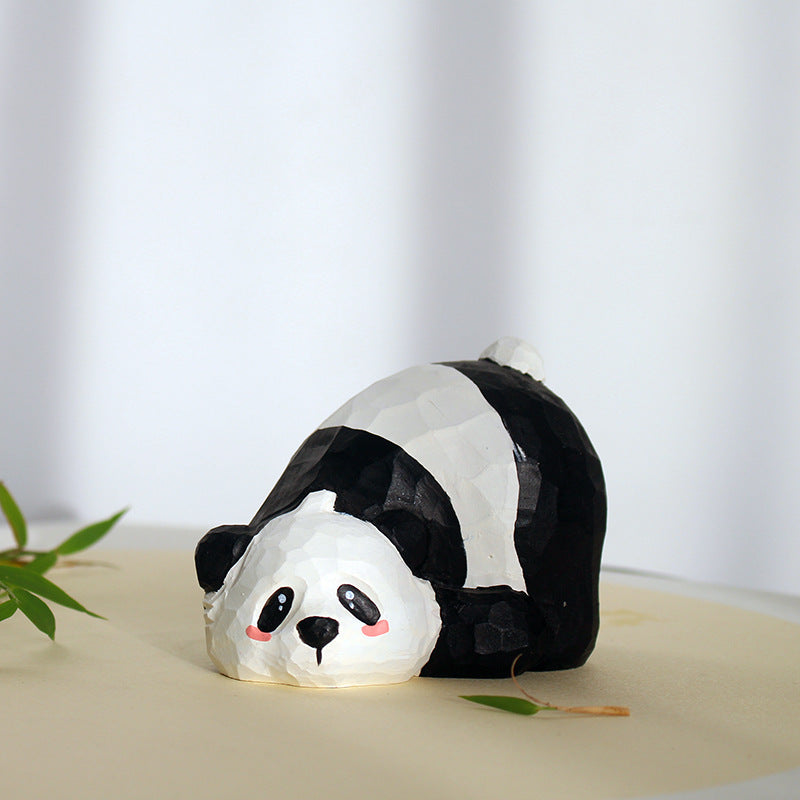Hand-Carved Wooden Panda Figurine – Playful and Cute Home Decoration