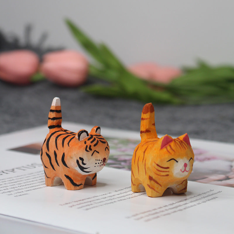 Hand-Carved Wooden Tiger Cat Figurines – Playful & Colorful Wooden Decor