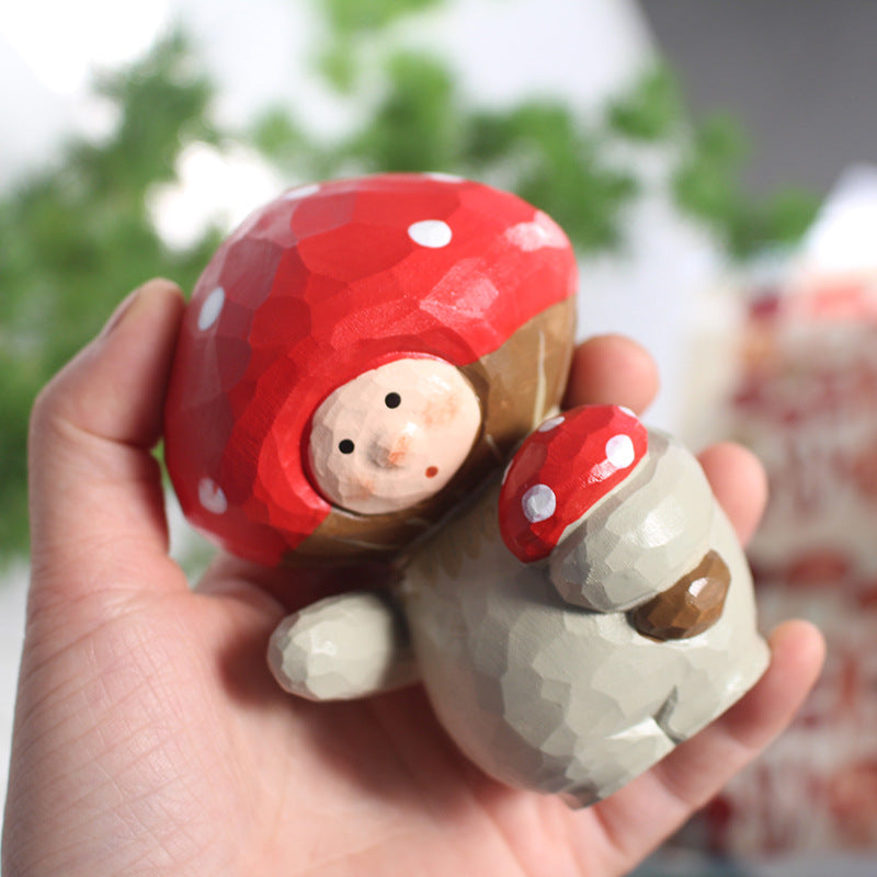 Hand-Carved Mushroom Elf Figurine – Whimsical Wooden Decor with Red Cap & Balloon